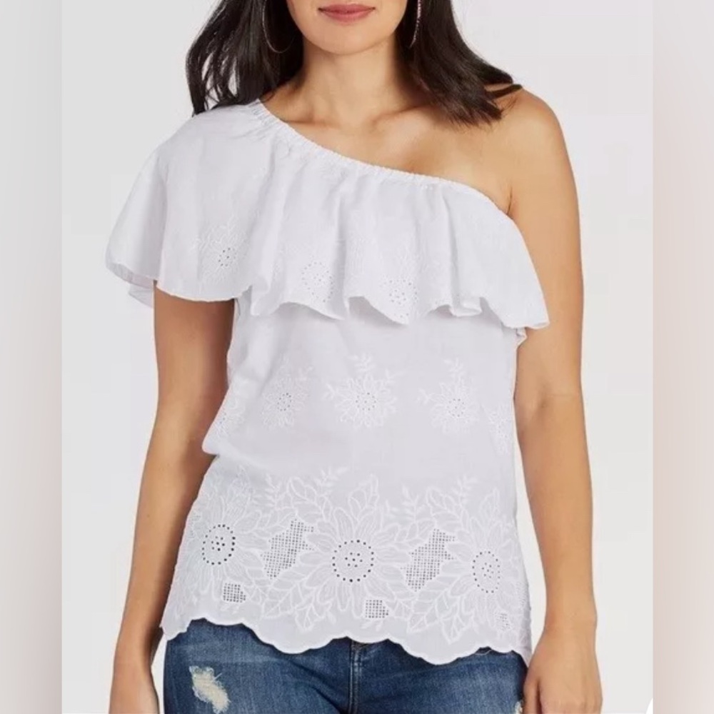 Renee C. One Shoulder Lace Ruffle Top White Large Shirt